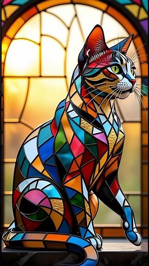 Stained Glass Cat Shines in Sunset Artistic Glass Cat Sculpture 🐱✨