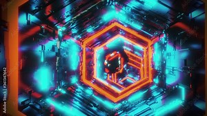 abstract motion background video of a mirror polyhedron moving in the center of hexagon tunnel illuminated by bright azure and red neon lights. 3d rendering animation in 4K. Stock Video