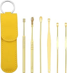 Innovative Spring Earwax Cleaner Tool Set, 6pc Steel Ear Pick Wax Cleaner Earpick Curette Remover Earwax Removal, Cleaner Ear Cleansing Tool Set Ear Curette Cleaner with a Storage Box (Yellow)