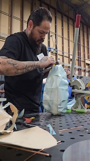 7.7K views · 49 reactions | Pattern making with Christian Sosa @sosametalworks @baileigh_industrial @metal_sculptor_kevin_stone #baileigharmy #baileighmetalshapingfest2025 | Kevin Stone metal sculptor | Facebook