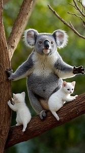 Koala mom watches over playful kittens high in the treetops, shielding them with gentle protection and showcasing a heartwarming bond of maternal care across species. #koala #kitten #cuteanimals #animalbond #momandkittens #KoalaAndKittens #FunnyPets #ViralAnimalVideo #NatureFriends #TreeAdventure #コアラ #子猫 #고양이영상 #힐링동물 #Animales #Animali #Животные #Tiere | Tailyboo