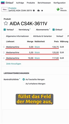 Odoo Einkauf Staffelpreise richtig hinterlegen #shorts