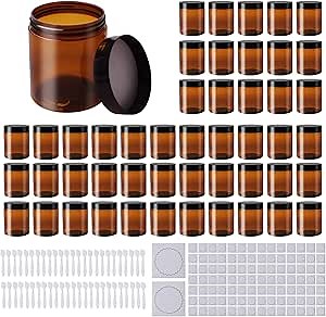 48 Pcs Amber Plastic Jars with Lids 100 Labels Round Cosmetic Containers 8 oz Refillable Cosmetic Jar for Lotion Ointments Creams Essential Oil Powder Liquid Food Storage Kitchen