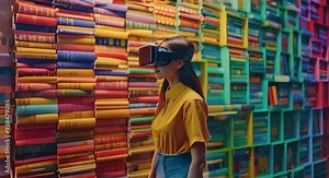 Woman with VR headset in a library filled with colorful books.