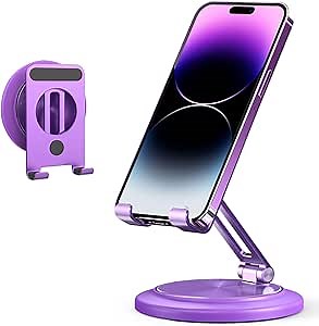 Purple Phone Stand for Desk, 360° Rotation Adjustable Foldable Aluminum Desktop Cell Phone Holder, Compatible with iPhone, Samsung Galaxy, iPad mini, Tablet (4-9")