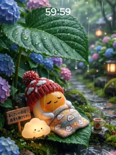 【60分BGM】あじさいで雨宿りしながら眠るたまごちゃん。 リラックスできる雨音とヒーリング曲メドレー🎵 🎧作業・睡眠・読書のお供に。 ⏳60分のカウントダウンタイマー付き。 🥚たまごちゃんLINEスタンプ出ました🥚 #睡眠BGM #作業用bgm #瞑想 #癒し #自律神経を整える #sleep