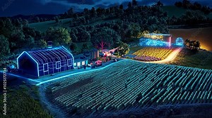 An aerial view of a farm lit up at night, with a blue-lit greenhouse, rows of crops, and a large structure covered in blue lights in the background