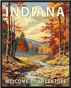 Indiana Poster Art Print, Retro States Landscape Wall art Decor, Adventure Mountain and Scenery Painting for Bedroom, Living Room (Indiana Scenery, 16x20 inches + (Black Frame))