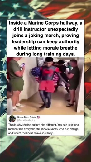 Inside a Marine Corps hallway, a drill instructor unexpectedly joins a joking march, proving