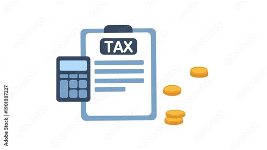 Tax calculation with gold coins, calculator and tax form 2d animation