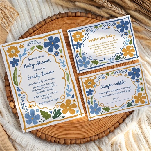 Whimsical Floral Baby Shower Invitation Boy: Colorful Blue Green Orange Wildflower Garden Party - Etsy