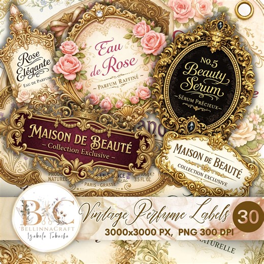 Vintage Perfume Labels PNG Bundle, Antique French Cosmetic Labels, Luxury Beauty Branding Clipart, Floral Gold Frames, Junk Journal Ephemera
