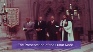 The Apollo 11 crew—Neil Armstrong, Buzz Aldrin and Michael Collins—attended the dedication of the Space Window, which was held on the fifth anniversary of the mission, on July 21, 1974. The moon rock was presented to the Cathedral on this day, but it was not installed in the window until 1977. Also attending were James C. Fletcher, the NASA administrator at the time of the presentation, and Tom Paine, the donor for the window and NASA administrator at the time of Apollo 11 mission. | Washington 