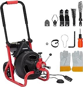 100Ft x 3/8 Inch Drain Cleaner Machine 370W, Auto-feed Electric Drain Auger with 6 Cutters, Glove, Drain Auger Cleaner Sewer Snake