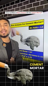 ✅Rate Analysis For Cement Mortar? Mix Ratio = 1:5 Volume Of Cement Mortar = 1m³ ⬛Dry Volume Of Cement Mortar = Wet Volume X 1.33 = 1.0 m³ x 1.33 = 1.33 m³ ⬛Quantity of Cement (Dry Volume Of Cement Mortar X Cement Ratio)/(Total Sum Of The Ratio) = (1.33 x 1)/1 5) = 0.22166m³ ⬛Weight Of Cement Density of Cement = 1440kg/m³ = 1440 x 0.22166 = 319.1904kg ⬛No. Of Cement Bags 1 Bag Of Cement Contains 50 Kg Of Cement =319.1904 Kg/50 = 6.38 = 7 nos ⬛Quantity of Sand = Quantity Of Cement X Part Of Sand =