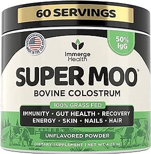 Immerge Health Super Colostrum Powder (60 Servings) – Premium Bovine Colostrum Supplement for Gut Health, Bloating & Immune Support – High IgG, 100% Grass Fed First Milking, Unflavored, Made in USA