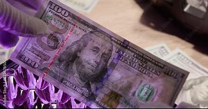 Checking USD 100 dollar bill with uv scanner and magnifying glass. Counterfeit