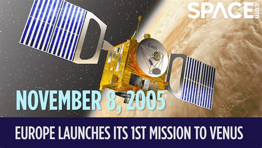 On November 8, 2005, Europe launched its first mission to Venus. Discover more space history 👉https://trib.al/aHQZ9UM The spacecraft was called Venus Express. Venus is a hothouse planet. Lava flows on its surface, and the atmospheric pressure can easily crush an unprotected spacecraft. Even from orbit, Venus Express had to survive harsh radiation. But the spacecraft lasted for more than 9 years. During that time, it saw a weird vortex spiraling around Venus's south pole. It also saw possible si