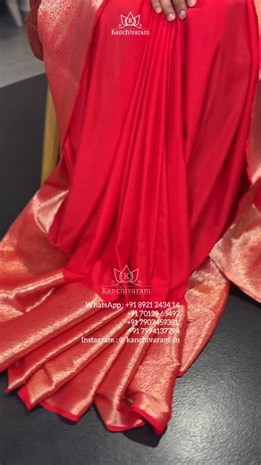 Kanchivaram on Instagram: "SOLD OUT These semi-crepe silk sarees are all about fluid drape and vibrant presence. Soft to the touch, light on the body, and beautifully body-hugging, they move effortlessly with you. Finished with a refined light gold zari pallu, a delicate top border, and a broad, statement bottom border, each saree brings together comfort and quiet richness in striking, lively hues. Hi, please contact us on WhatsApp or Instagram for enquiries and Orders. PRICE : ₹ 2, 720/- Instag