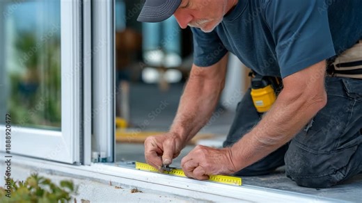 Macro shot of hands adjusting corner of PVC window frame, tape measure and level in use, glass panel visible, modern exterior wall background, professional window installation conc