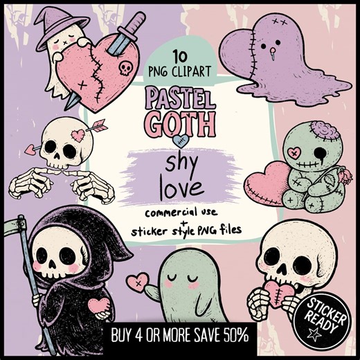 Pastel Goth Clipart PNG – Creepy Cute Skulls, Ghosts & Hearts | Gothic Love Art for Stickers, Journaling, Scrapbooking and Digital Planners - Etsy