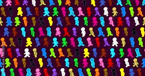 Many cartoon color stickmen characters wallpaper on dark background. Cute cartoon animation good as backdrop for intro, party, television programme, business presentation, etc... Seamless loop.