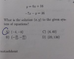 \begin{array} { c } y = 6 x   16 \\- 7 x - y = 36\end{array}W... | Filo