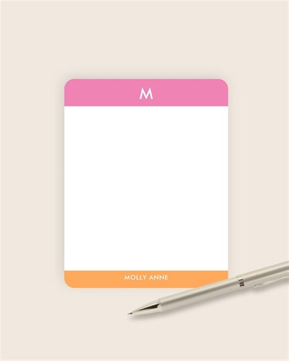 Personalized Monogram Initial Note Cards, Preppy Stationery With Rounded Corners, Teen Tween Girly Notecard, Pink & Orange Summer Stationary - Etsy