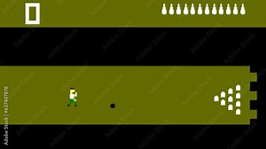 Animation of a game in 8-bit style of a man playing bowling, vintage, pixel art, 2d animation.