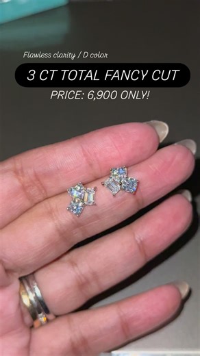 AVAILABLE TODAY !!! FANCY STUDS Price: 6,900 / pair Total of 3 carats 1 ct cushion 1 ct emerald 1 ct heart ✨Center stone: Moissanite ✨Clarity: Flawless ✨Color: D ✨Setting: Vermeil in yellow gold. ✨With certificate and card. ✨Moissanite stone is positive with diamond tester with 9.25 and above Money back guarantee if proven FAKE moissanite. ❤️ | Moissanite and Diamond Sparks
