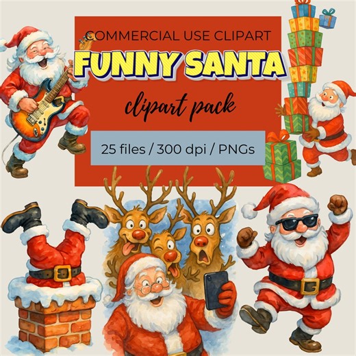 Watercolor Funny Santa Clipart | Christmas PNG Illustration Set (digital Download) - Etsy