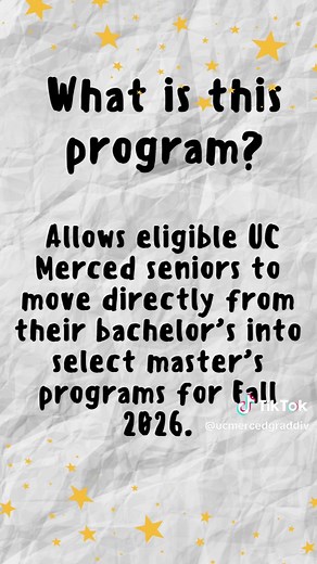🎓✨ Direct Admission to Master’s Programs — UC Merced | Fall 2026 Ready to fast-track your future? UC Merced’s Direct Admission to Master’s Programs gives eligible seniors a clear pathway from undergrad to graduate study — with streamlined admission. ⏰ Application deadline: February 15 — don’t wait! Scan the QR code or check out the link in our bio.📚✨ 🚀 Start your master’s journey — apply soon! #UCMerced #GradSchoolBound #DirectAdmission #MastersProgram #Fall2026 #FutureGrad