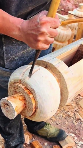 Traditional Hand Carving Techniques On Massive Wooden Log