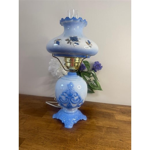 Vintage Blue Milk Glass Table Lamp Hand Painted Floral Hurricane Shade 3 Way - Etsy