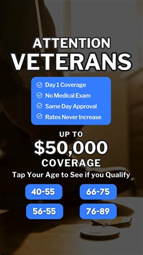 🎖 ATTENTION VETERANS!🎖 You qualify for: ✅ FULL COVERAGE: Up to $50,000 for complete peace of mind on final expenses. ✅ EASY ENROLLMENT: Guaranteed approval with over 100 carriers, no medical exams required. ✅ PRE-EXISTING CONDITIONS ACCEPTED: Get covered regardless of your health history. ✅ STABLE RATES: Your premiums will never increase, and your benefits will never decrease. ✅ KEEP YOUR CURRENT COVERAGE: You can keep existing policies and boost your coverage. Click below to check your eligib