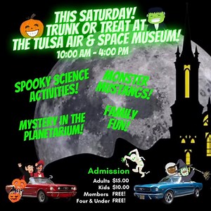 12 reactions · 53 shares | This Saturday! Trunk or Treat at the Tulsa Air & Space Museum! 10:00am - 4:00pm. Partnering with the Green Country Classic Mustangs Club for a wicked good day at the museum. Bring the family or bring a friend and support TASM. | Tulsa Air and Space Museum (TASM) | Facebook