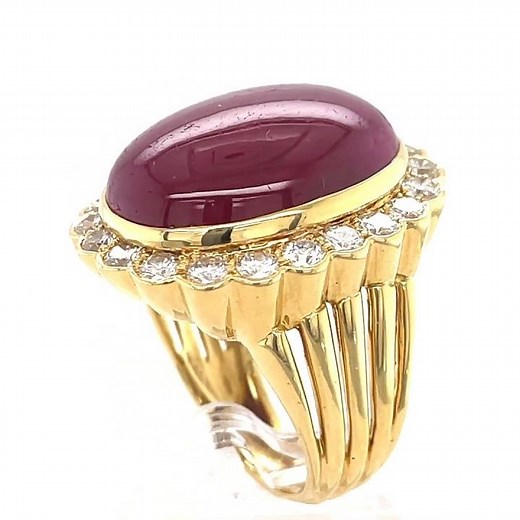 18K Yellow Gold & 35.7ct Ruby Cabochon Ring w/ 2.2ct Diamond Halo, Size 10.