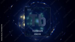 Terbium as Element 65 of the Periodic Table. Seamlessly looping 3D animation on blue illuminated atom design background with orbiting electrons. Design shows name, atomic weight and element number Stock Video