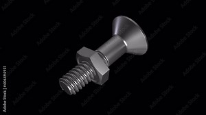 Screw and nut. The animation of the tightening nut and bolt metal Grey. The screw is at an angle. Nut on the front. Video without background. Isolated object with an alpha channel. 4444 4k 3D