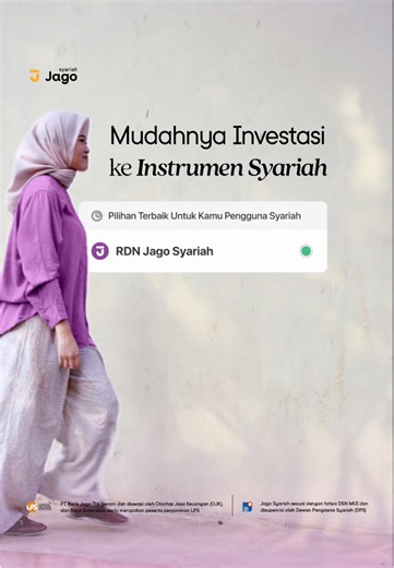 Mau investasi ke instrumen syariah? Sekarang lebih gampang! Cukup daftar Jago Syariah dan bikin RDN Jago Syariah, kamu langsung bisa terhubung dengan mudah ke Stockbit buat mulai investasi yang tenang dan sesuai syariah! Selalu di Depan, #SesuaiSyariah Cek info RDN Jago Syariah selengkapnya: https://www.jago.com/id/blog/rdn-jago-syariah ———————— PT Bank Jago Tbk berizin dan diawasi oleh Otoritas Jasa Keuangan (OJK) dan Bank Indonesia, serta merupakan peserta penjaminan LPS. Jago Syariah sesuai d