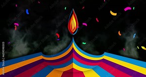 Happy Diwali animation Indian lights festival video template. Hindu Diwali ornament and diya lamp light flame motion, burning oil lamp night effect, 4k video colorful background and special effects