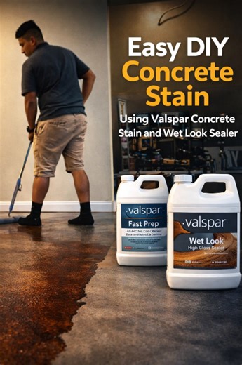 Easy DIY concrete stain using Valspar concrete stain and wet look sealer