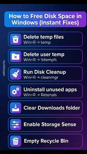 💻 Running out of disk space? Free it up instantly with these quick Windows fixes! 🚀 From deleting temp files to enabling Storage Sense, these tips will keep your PC running smoothly. ✅ Try them today and enjoy more space for what matters! #TechTips #WindowsHacks #DiskCleanup #PCMaintenance #StorageSense #TechSavvy #ComputerTips #FreeUpSpace #Windows10 #Windows11 #fblifestyle | Tech Whiz Ajith