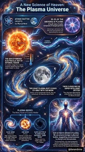 D͚iana M͚aAra D͚ivine on Instagram: "What if we are not made of matter… but of plasma? ⚡ Modern plasma physics shows that 99.9% of the universe exists in the plasma state — an electrically charged form of matter composed of free electrons and ions that dominates the cosmos. What we call “solid matter” makes up less than 0.01% of reality. Our Sun itself is embedded in vast cosmic electrical currents, exchanging energy through plasma filaments that shape galaxies and stellar systems. Plasma self-o