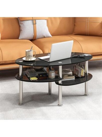 Tempered Glass Oval Side Coffee Table Shelf Base Living Room | SHEIN