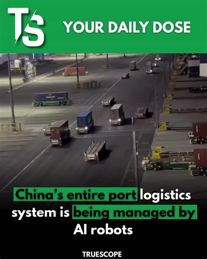 China takes port automation to the next level! AI robots are now managing the entire logistics system, boosting efficiency and transforming global trade. 🤖⚓️ Hashtags: #ChinaInnovation #AI #Robotics #PortAutomation #Logistics #FutureTech #SmartPorts #Automation #TechRevolution #GlobalTrade #NextGenTechnology