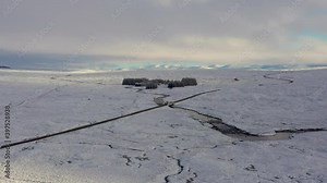 aerial view of rannoch moor in the argyll region of the highlands of Scotland in deep winter with deep snow on the ground