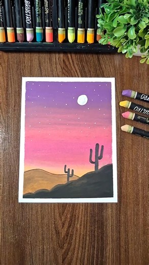 ​How to Draw Aesthetic Cactus Desert Night with Oil Pastels 🌌🌵 | Purple Sky Painting #shorts