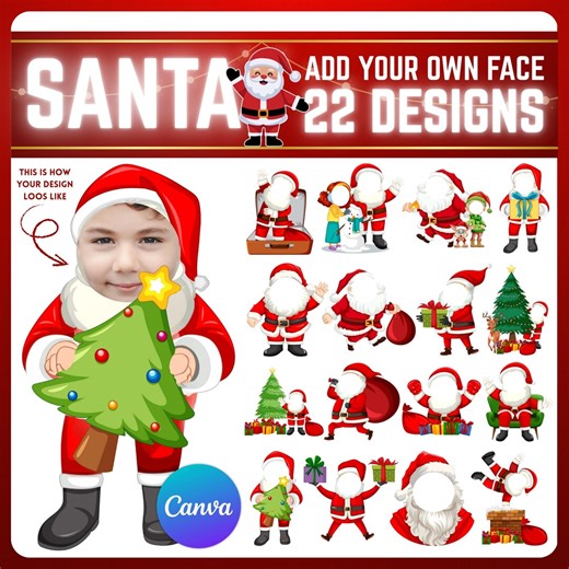 Christmas Add Your Own Face, Christmas Santa Photo Templates, Christmas Face Cutout Ornaments Custom Photo Face, Christmas Canva Frame - Etsy