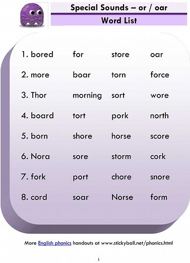 ESL Phonics Lessons: Advanced Phonics (or / oar) - Stickyball ESL Lessons